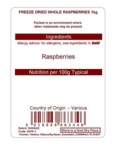 FREEZE DRIED WHOLE RASPBERRIES 1KG