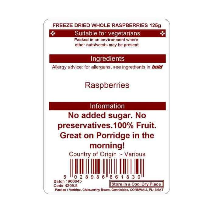 FREEZE DRIED WHOLE RASPBERRIES 125G